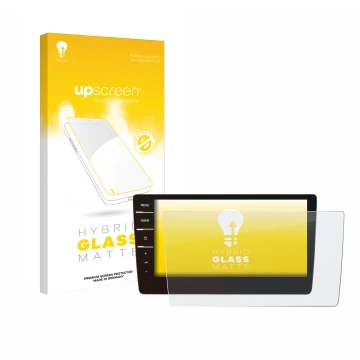 Face avant d’un emballage produit avec le logo de la marque upscreen. À côté, l’appareil Volkswagen Golf 7 Discover Pro 9.2