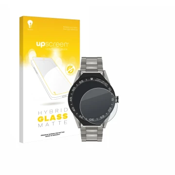 Face avant d’un emballage produit avec le logo de la marque upscreen. À côté, l’appareil TAG Heuer Connected Modular 45 est re