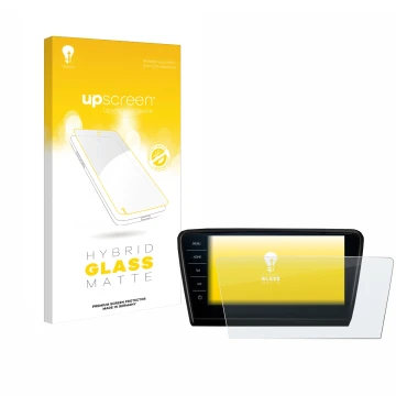 Face avant d’un emballage produit avec le logo de la marque upscreen. À côté, l’appareil Skoda Octavia 2017 Infotainment Syste