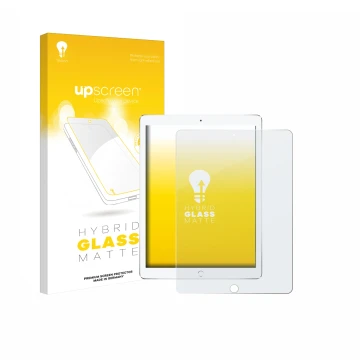 Face avant d’un emballage produit avec le logo de la marque upscreen. À côté, l’appareil Apple iPad Pro 10.5