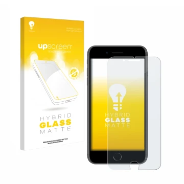 Face avant d’un emballage produit avec le logo de la marque upscreen. À côté, l’appareil Apple iPhone 8 Plus est représenté av