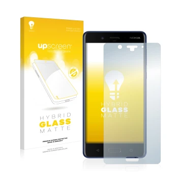 Face avant d’un emballage produit avec le logo de la marque upscreen. À côté, l’appareil Nokia 8 est représenté avec la protec