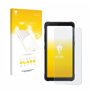 Face avant d’un emballage produit avec le logo de la marque upscreen. À côté, l’appareil Samsung Galaxy S8 Active est représen