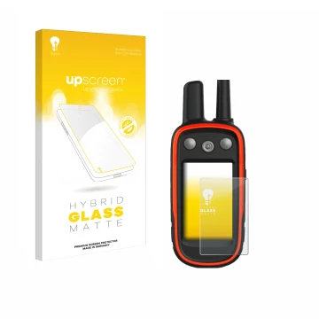 Face avant d’un emballage produit avec le logo de la marque upscreen. À côté, l’appareil Garmin Atemos 100 est représenté avec