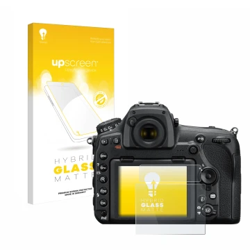Face avant d’un emballage produit avec le logo de la marque upscreen. À côté, l’appareil Nikon D850 est représenté avec la pro