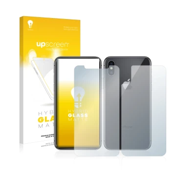 Face avant d’un emballage produit avec le logo de la marque upscreen. À côté, l’appareil Apple iPhone X (Avant+Arrière) est re