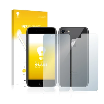 Face avant d’un emballage produit avec le logo de la marque upscreen. À côté, l’appareil Apple iPhone 8 (Avant+Arrière) est re