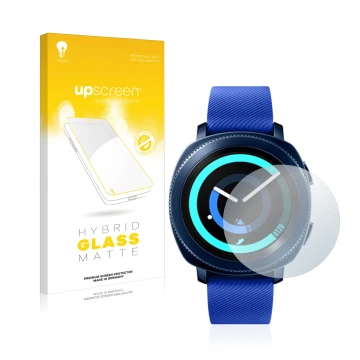 Face avant d’un emballage produit avec le logo de la marque upscreen. À côté, l’appareil Samsung Gear Sport est représenté ave