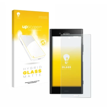 Face avant d’un emballage produit avec le logo de la marque upscreen. À côté, l’appareil Sony Xperia XZ1 est représenté avec l