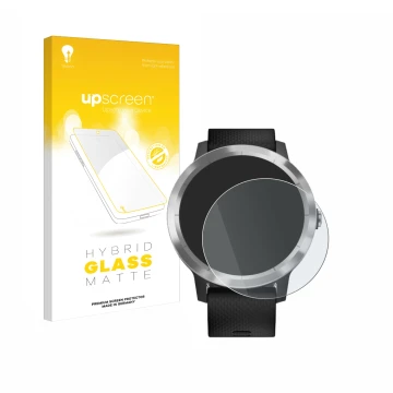 Face avant d’un emballage produit avec le logo de la marque upscreen. À côté, l’appareil Garmin vivoactive 3 est représenté av