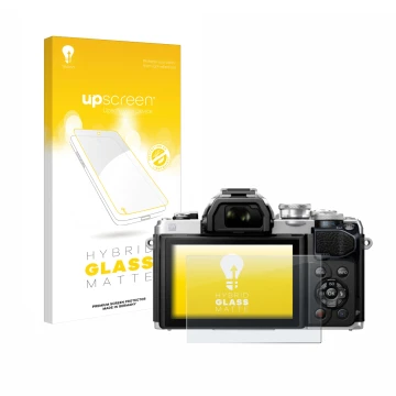 Face avant d’un emballage produit avec le logo de la marque upscreen. À côté, l’appareil Olympus OM-D E-M10 Mark III est repré