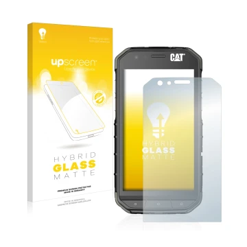 Face avant d’un emballage produit avec le logo de la marque upscreen. À côté, l’appareil Caterpillar Cat S31 est représenté av