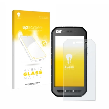 Face avant d’un emballage produit avec le logo de la marque upscreen. À côté, l’appareil Caterpillar Cat S41 est représenté av