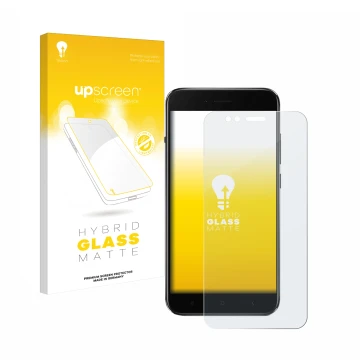 Face avant d’un emballage produit avec le logo de la marque upscreen. À côté, l’appareil Xiaomi Mi A1 est représenté avec la p