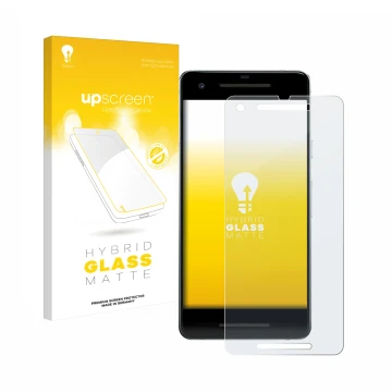 Face avant d’un emballage produit avec le logo de la marque upscreen. À côté, l’appareil Google Pixel 2 est représenté avec la