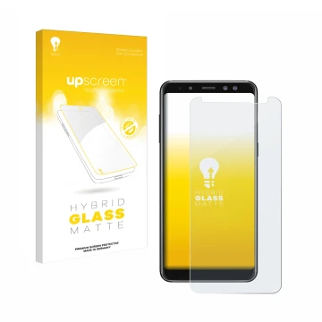 Face avant d’un emballage produit avec le logo de la marque upscreen. À côté, l’appareil Samsung Galaxy A8 2018 est représenté