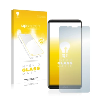 Face avant d’un emballage produit avec le logo de la marque upscreen. À côté, l’appareil Huawei Mate 10 Pro est représenté ave