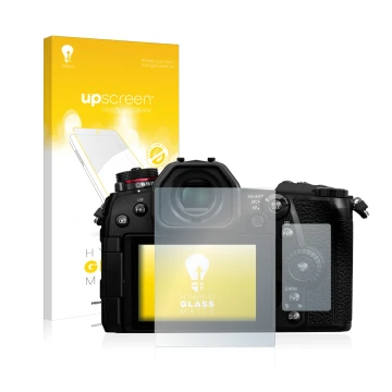 Face avant d’un emballage produit avec le logo de la marque upscreen. À côté, l’appareil Panasonic Lumix DC-G9 est représenté 
