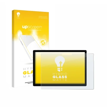 Face avant d’un emballage produit avec le logo de la marque upscreen. À côté, l’appareil Microsoft Surface Book 2 13.5