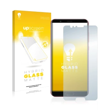 Face avant d’un emballage produit avec le logo de la marque upscreen. À côté, l’appareil Honor View 10 est représenté avec la 