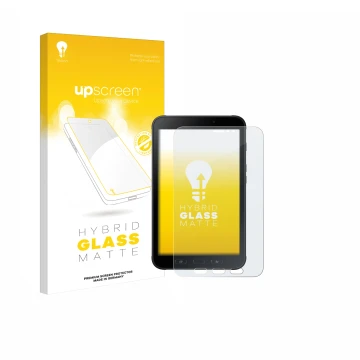 Face avant d’un emballage produit avec le logo de la marque upscreen. À côté, l’appareil Samsung Galaxy Tab Active 2 est repré