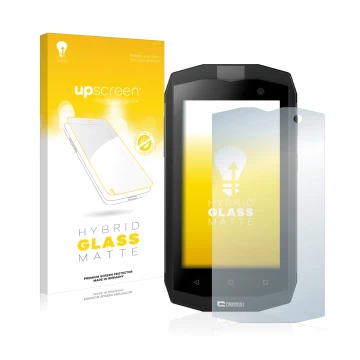 Face avant d’un emballage produit avec le logo de la marque upscreen. À côté, l’appareil Crosscall Trekker M1 Core est représe