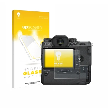 Face avant d’un emballage produit avec le logo de la marque upscreen. À côté, l’appareil Fujifilm X-H1 est représenté avec la 