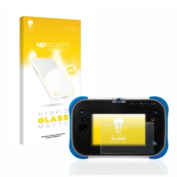 Face avant d’un emballage produit avec le logo de la marque upscreen. À côté, l’appareil Vtech Storio Max 2.0 est représenté a