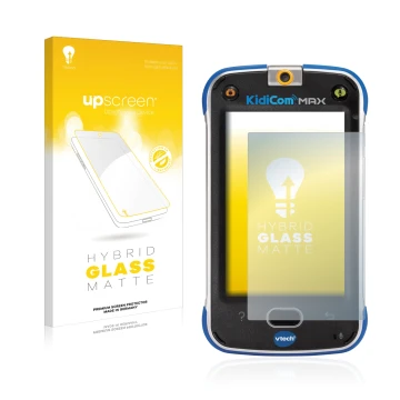 Face avant d’un emballage produit avec le logo de la marque upscreen. À côté, l’appareil Vtech Kidicom Max est représenté avec