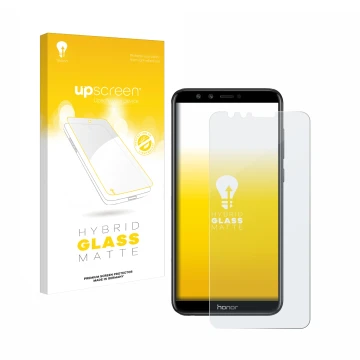 Face avant d’un emballage produit avec le logo de la marque upscreen. À côté, l’appareil Honor 9 Lite est représenté avec la p