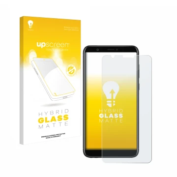 Face avant d’un emballage produit avec le logo de la marque upscreen. À côté, l’appareil Huawei P smart 2018 est représenté av