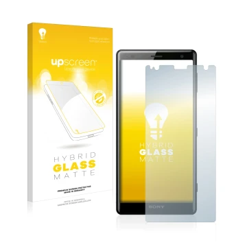 Face avant d’un emballage produit avec le logo de la marque upscreen. À côté, l’appareil Sony Xperia XZ2 est représenté avec l