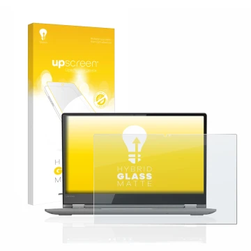 Face avant d’un emballage produit avec le logo de la marque upscreen. À côté, l’appareil Lenovo Yoga 530 est représenté avec l
