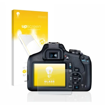 Face avant d’un emballage produit avec le logo de la marque upscreen. À côté, l’appareil Canon EOS 2000D est représenté avec l