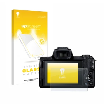 Face avant d’un emballage produit avec le logo de la marque upscreen. À côté, l’appareil Canon EOS M50 est représenté avec la 