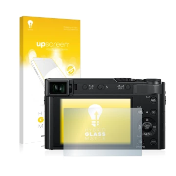 Face avant d’un emballage produit avec le logo de la marque upscreen. À côté, l’appareil Panasonic Lumix DC-TZ202 est représen