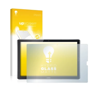 Face avant d’un emballage produit avec le logo de la marque upscreen. À côté, l’appareil Huawei MediaPad M5 10.8 est représent