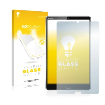 Face avant d’un emballage produit avec le logo de la marque upscreen. À côté, l’appareil Huawei MediaPad M5 8.4 est représenté