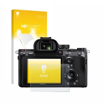 Face avant d’un emballage produit avec le logo de la marque upscreen. À côté, l’appareil Sony Alpha 7R III est représenté avec