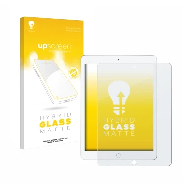 Face avant d’un emballage produit avec le logo de la marque upscreen. À côté, l’appareil Apple iPad 9.7