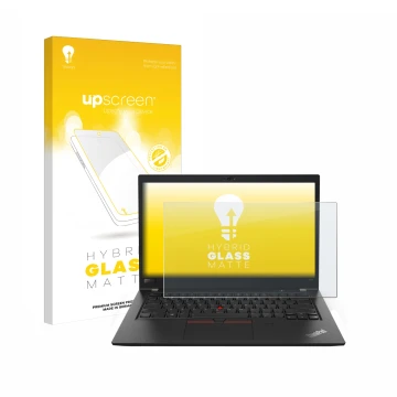 Face avant d’un emballage produit avec le logo de la marque upscreen. À côté, l’appareil Lenovo ThinkPad T480s est représenté 