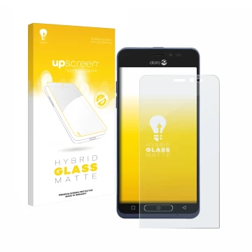 Face avant d’un emballage produit avec le logo de la marque upscreen. À côté, l’appareil Doro 8035 est représenté avec la prot