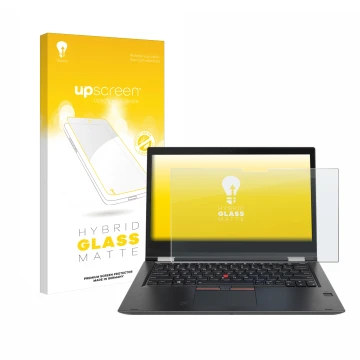 Face avant d’un emballage produit avec le logo de la marque upscreen. À côté, l’appareil Lenovo ThinkPad Yoga X380 est représe