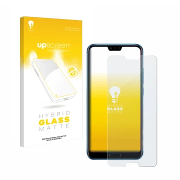 Face avant d’un emballage produit avec le logo de la marque upscreen. À côté, l’appareil Honor 10 est représenté avec la prote