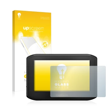 Face avant d’un emballage produit avec le logo de la marque upscreen. À côté, l’appareil Garmin zumo 396 LMT-S est représenté 
