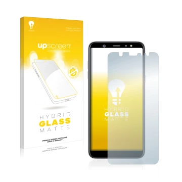 Face avant d’un emballage produit avec le logo de la marque upscreen. À côté, l’appareil Samsung Galaxy A6 Plus 2018 est repré