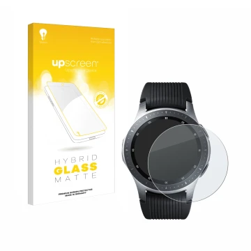 Face avant d’un emballage produit avec le logo de la marque upscreen. À côté, l’appareil Samsung Galaxy Watch (46 mm) est repr