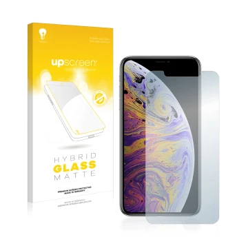 Face avant d’un emballage produit avec le logo de la marque upscreen. À côté, l’appareil Apple iPhone Xs Max est représenté av
