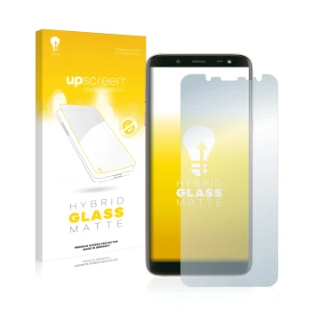 Face avant d’un emballage produit avec le logo de la marque upscreen. À côté, l’appareil Samsung Galaxy J6 2018 est représenté