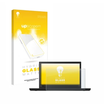 Face avant d’un emballage produit avec le logo de la marque upscreen. À côté, l’appareil Lenovo ThinkPad T480 est représenté a